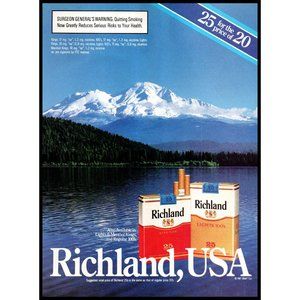 1987 Richland Cigarettes Vintage Print Ad Snow Capped Mountains Lake Nature Art